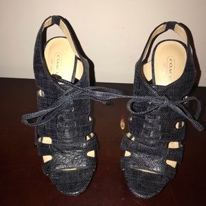 Coach black stacked 5” inch heel strappy booties